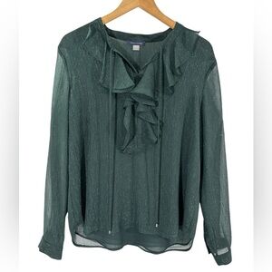 NWT Tommy Hilfiger Shimmery Metallic Ruffle Sheer Long Sleeve Modest Blouse